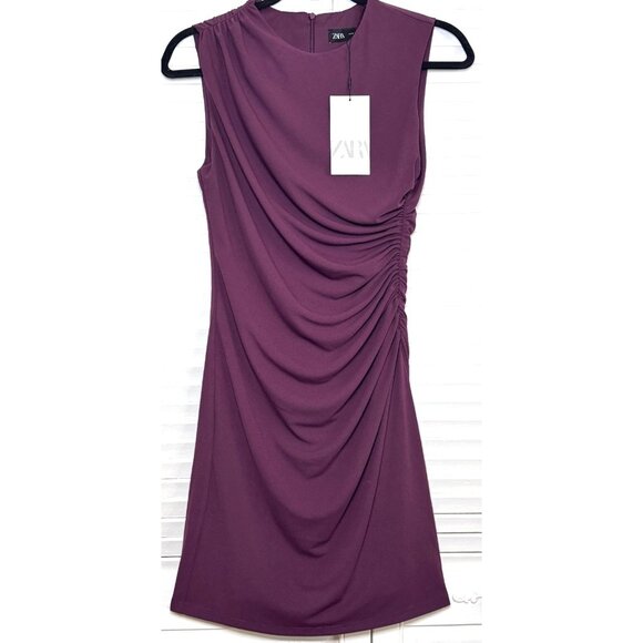 NWT Zara Womens Sleeveless Ruch Bodice Burgundy M Round Neck Mini Bodycon Dress - Picture 2 of 10